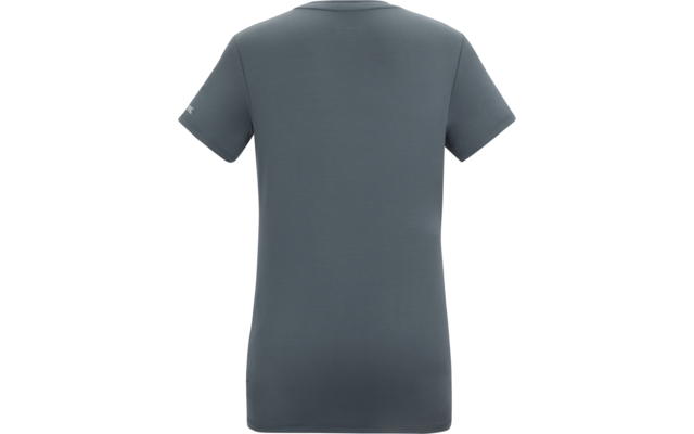 Rückansicht eines dunkelgrauen T-Shirts mit kurzen Ärmeln, rundem Ausschnitt und kleinem Logo auf dem linken Ärmel