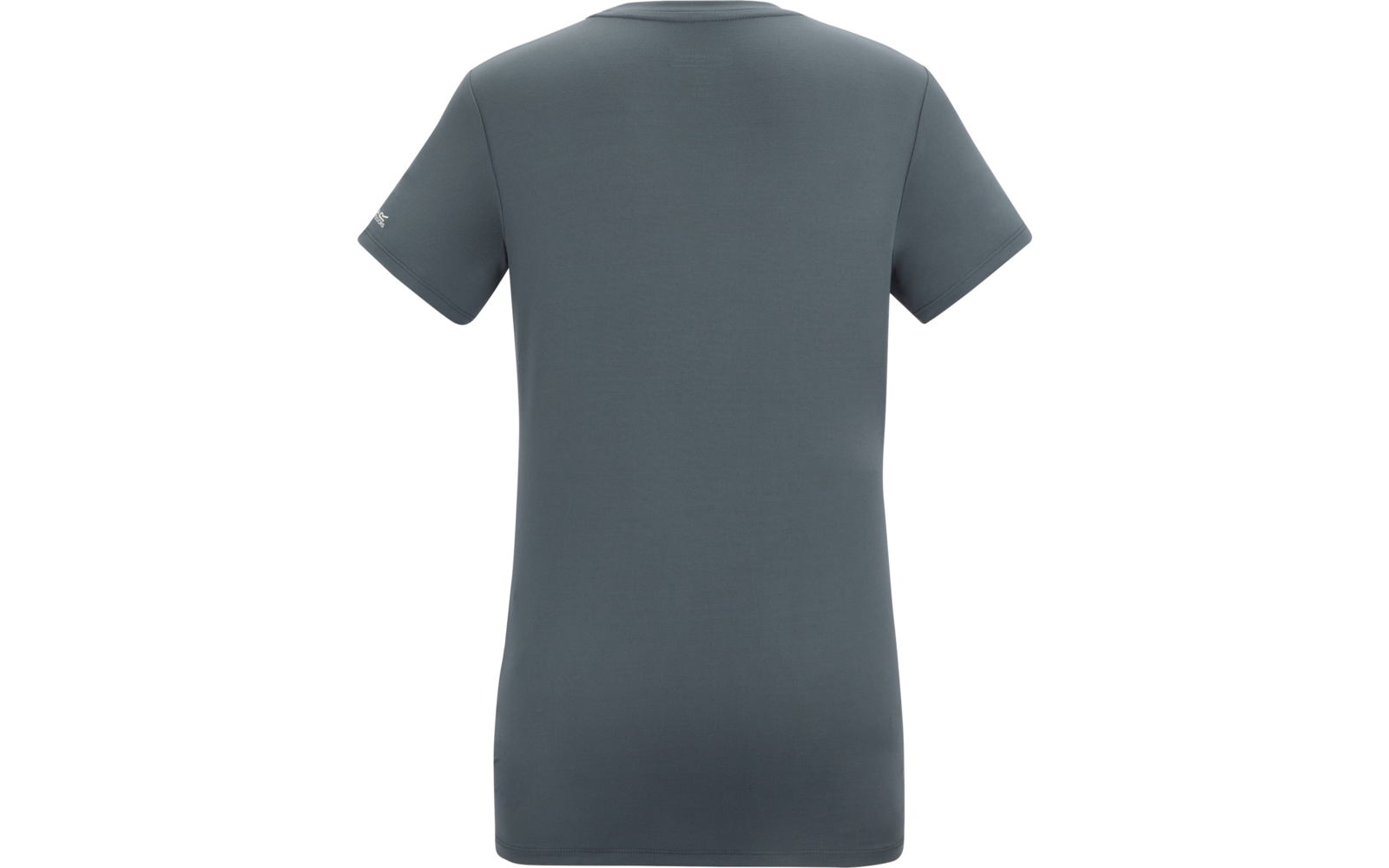 Rückansicht eines dunkelgrauen T-Shirts mit kurzen Ärmeln, rundem Ausschnitt und kleinem Logo auf dem linken Ärmel