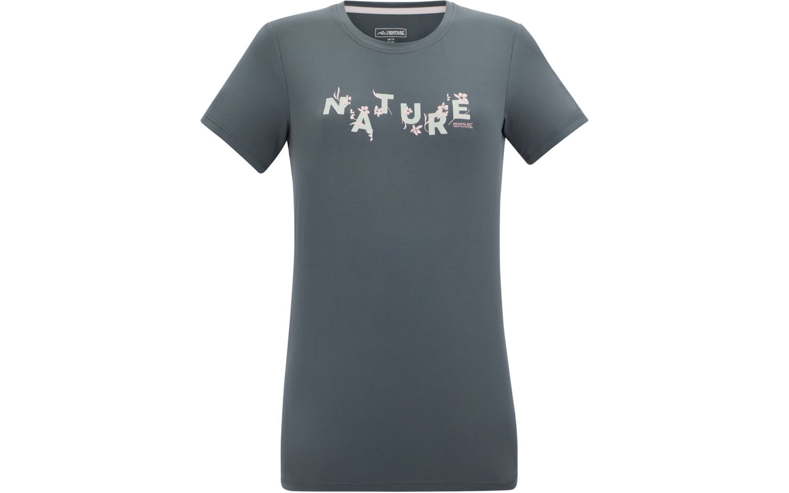 Graublaues kurzärmeliges T‑Shirt mit Rundhals, aufgedrucktem Schriftzug NATURE und kleinen Blumenmotiven