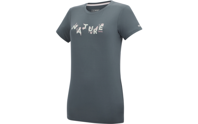 Tailliertes kurzärmeliges graublaues T‑Shirt mit Rundhals, vorne weißer Schriftzug „NATURE“ mit rosa floralem Motiv