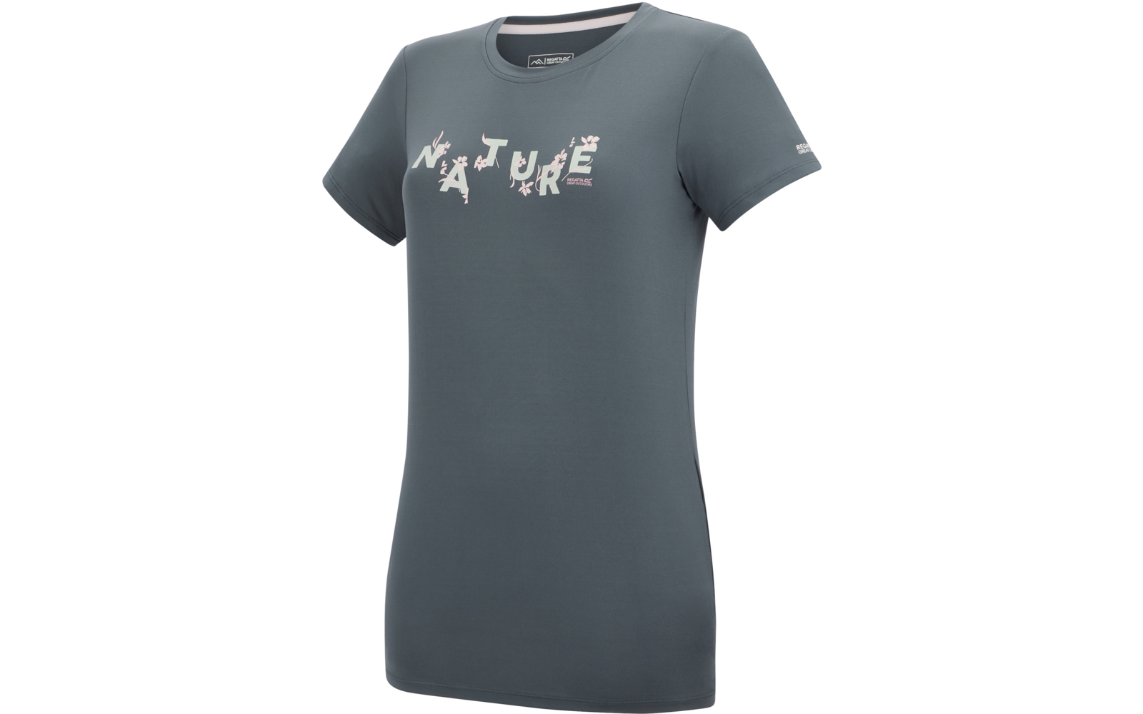 Tailliertes kurzärmeliges graublaues T‑Shirt mit Rundhals, vorne weißer Schriftzug „NATURE“ mit rosa floralem Motiv