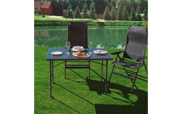 Zwei schwarze Klappstühle und ein Tisch auf Rasen am Teich; Teller, Gläser, Gebäck, Besteck, Bäume und rotes Haus im Hintergrund