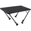 Rectangular black tabletop on four angled metal legs with round black rubber feet, on a white background