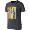 Dunkelgraues T‑Shirt mit aufgedrucktem Videospiel-Controller in Schwarz-Weiß mit gelben Akzenten vor vier vertikalen Streifen in Orange, Gelb, Hellgrün und Hellgrau