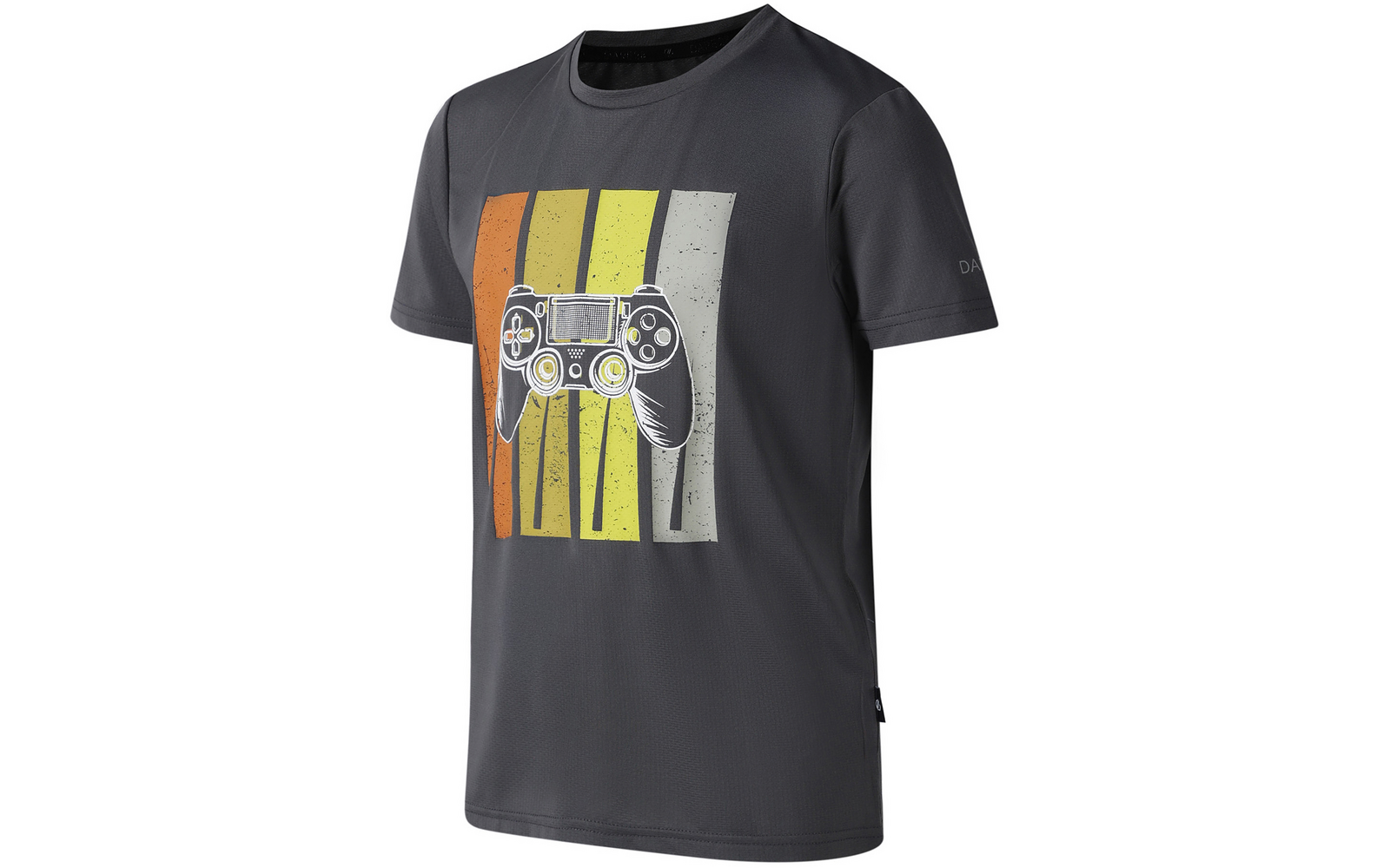 Dunkelgraues T‑Shirt mit aufgedrucktem Videospiel-Controller in Schwarz-Weiß mit gelben Akzenten vor vier vertikalen Streifen in Orange, Gelb, Hellgrün und Hellgrau