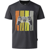 Dunkelgraues T-Shirt mit Rundhalsausschnitt, Aufdruck: Spielcontroller vor vier senkrechten Streifen (orange, gelb, grün, grau)