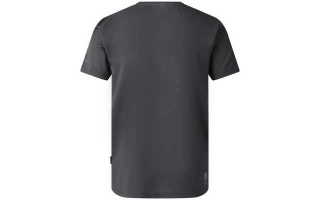 Rückenansicht eines einfarbigen dunkelgrauen Kurzarm-T-Shirts mit Rundhalsausschnitt, sichtbare Seitennaht mit kleinem schwarzen Etikett, kleines weißes Logo unten rechts auf dem Rücken und kleines Logo auf dem linken Ärmel