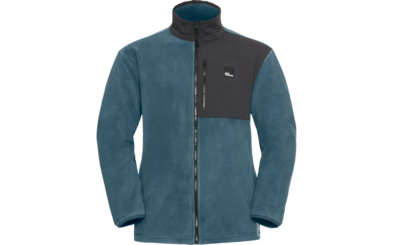 Blaue Fleecejacke mit Reißverschluss und schwarzem Brustbereich