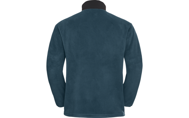 Rückenansicht eines dunkelblauen Langarmshirts auf einer Person