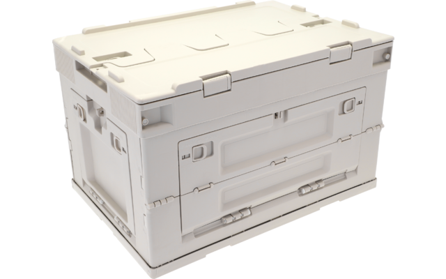 Rechteckige hellbeige Kunststoffbox mit Deckel, seitlichen Griffen und sichtbaren Schnappverschlüssen