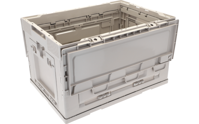 Beige faltbare Kunststoffkiste mit offener Oberseite und sichtbaren Griffen, leer vor weißem Hintergrund