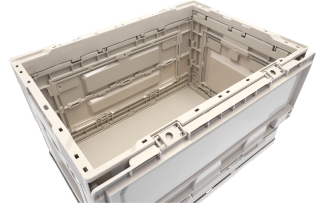 Offene, rechteckige Plastikbox in hellem Beige, ohne Deckel, sichtbare Innenwände mit Verstärkungsrippen