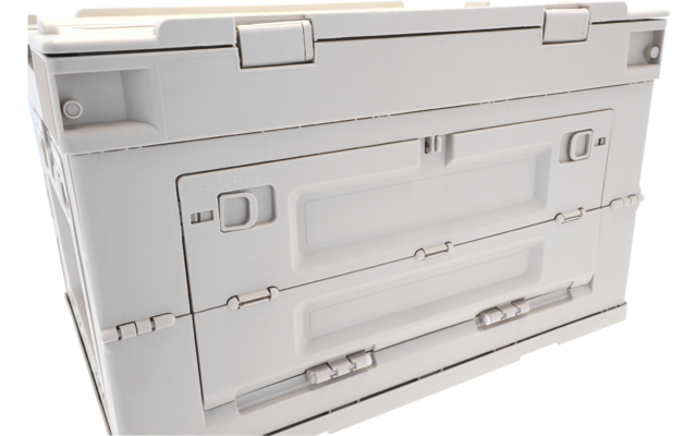 Weißes rechteckiges Kunststoffpaneel mit Scharnieren, Verschlüssen und Griffvertiefung