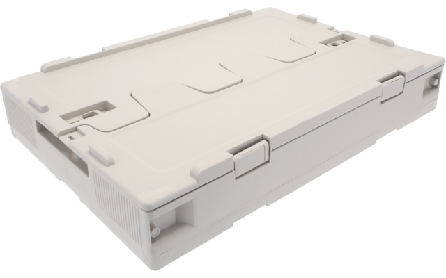 Weiße rechteckige Kunststoffkiste mit flachem Deckel, seitlichen Verschlüssen und eingelassenen Griffmulden