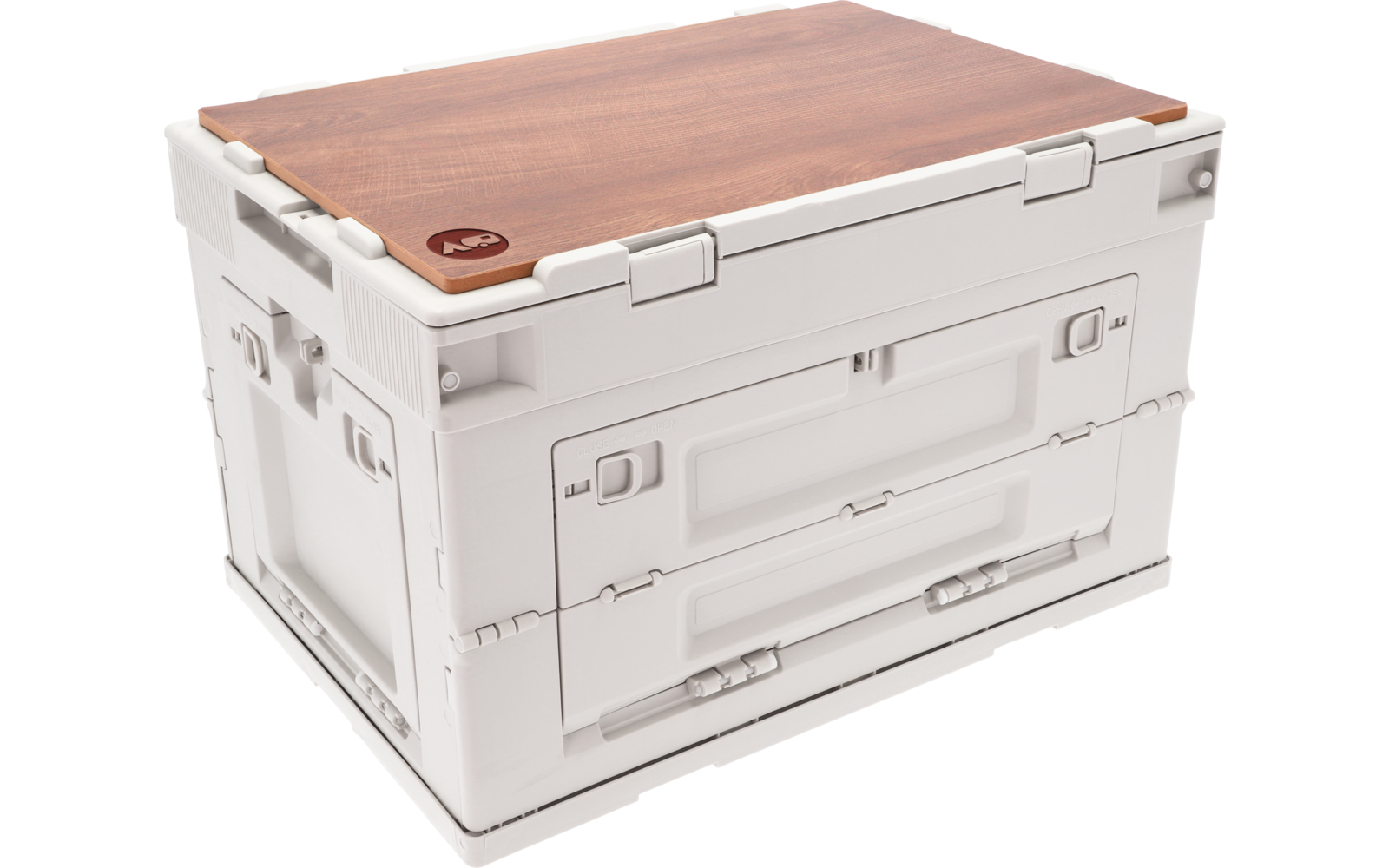 Weiße Kunststoffbox mit rechteckiger Holzplatte oben, zwei vordere Klappen, seitliche Griffe und Verschlüsse