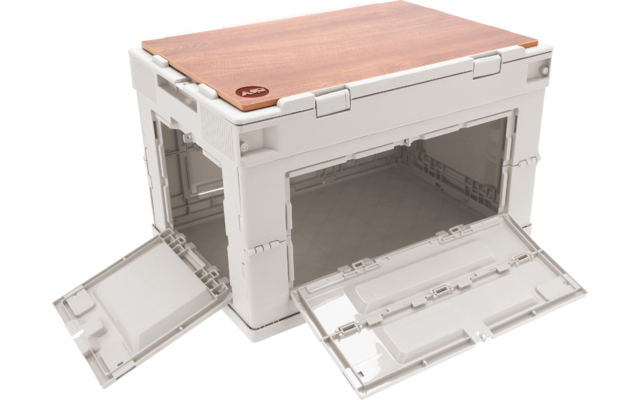 Weißer Kunststoffkasten mit Holzdeckel und geöffneten Klapptüren vorne und seitlich