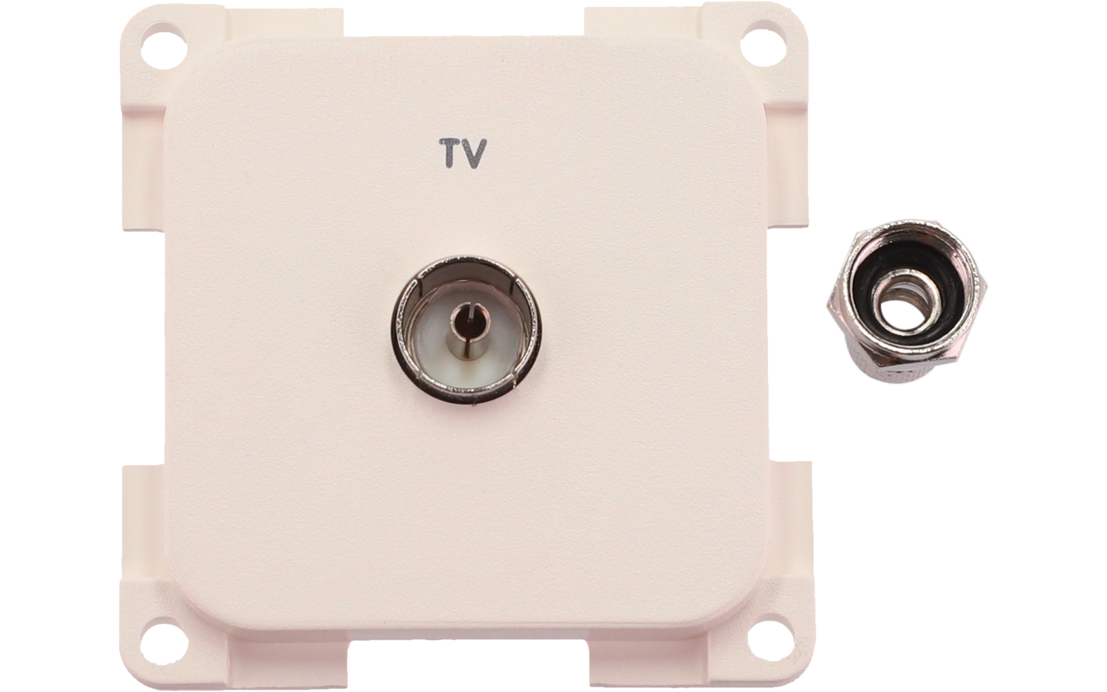 Plaque carrée blanche avec connecteur coaxial central, 'TV' imprimé au-dessus et un connecteur métallique vissable à droite