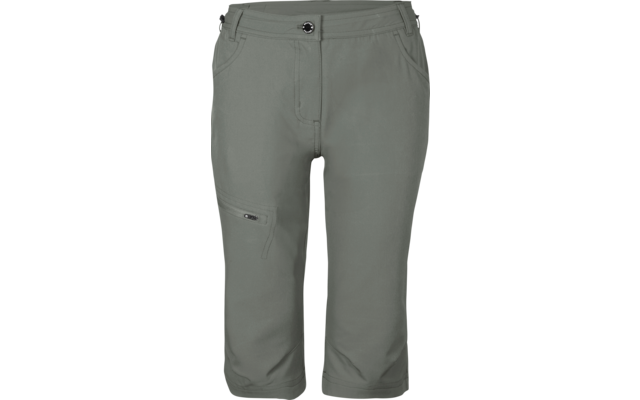 Pantalones capri verde grisáceo, vista frontal, cierre con botón y cremallera, dos bolsillos delanteros, bolsillo con cremallera lateral en el muslo