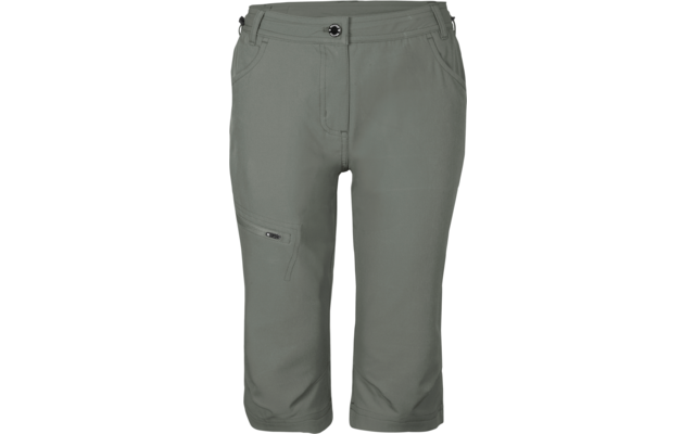 Graugrüne Caprihose, Vorderansicht, Knopf- und Reißverschluss, zwei vordere Taschen, seitliche Reißverschlusstasche am Oberschenkel