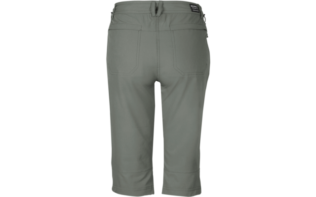 Rückansicht olivgrüner Caprihose mit zwei aufgesetzten Gesäßtaschen und Gürtelschlaufen