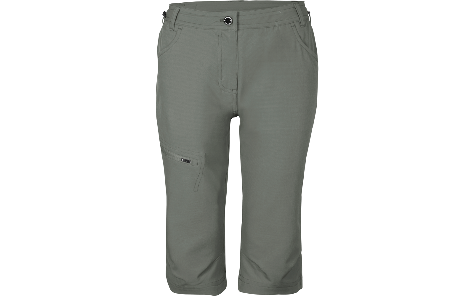 Graugrüne Caprihose, Vorderansicht, Knopf- und Reißverschluss, zwei vordere Taschen, seitliche Reißverschlusstasche am Oberschenkel