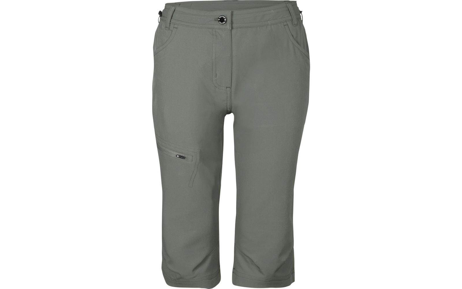 Pantalones capri verde grisáceo, vista frontal, cierre con botón y cremallera, dos bolsillos delanteros, bolsillo con cremallera lateral en el muslo