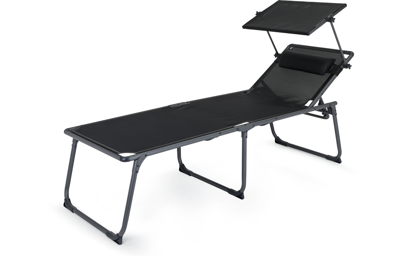 Schwarze Liege mit verstellbarer Rückenlehne und Sonnenschutzdach