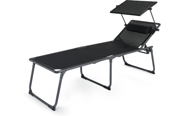 Schwarze Liege mit verstellbarer Rückenlehne und Sonnenschutzdach