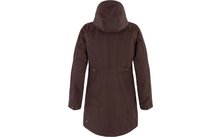 Rückansicht eines braunen Parkas mit Kapuze, langen Ärmeln, Taillennaht mit zwei Knöpfen und abgerundetem Saum