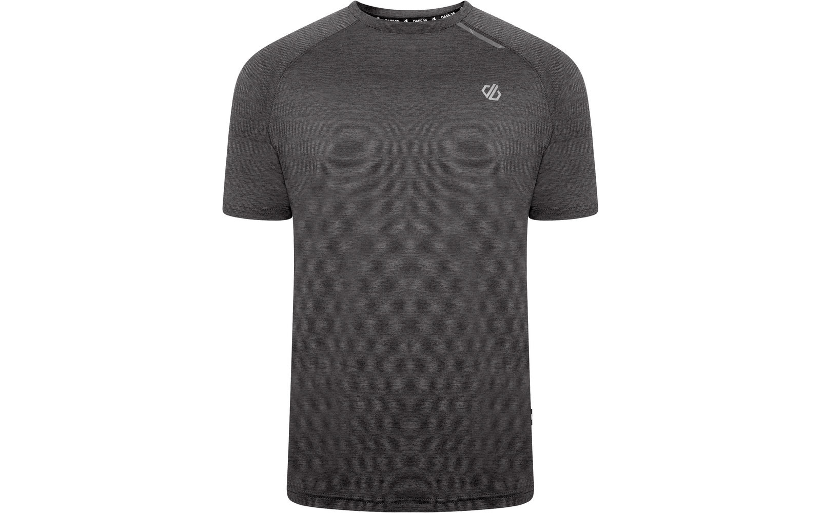 Dunkelgraues kurzärmeliges T‑Shirt mit Rundhalsausschnitt, meliertem Stoff und kleinem weißen Logo auf der linken Brust