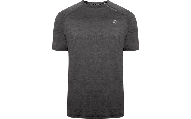 T‑shirt gris foncé chiné à manches courtes, col rond, tissu texturé et petit logo blanc sur la poitrine gauche