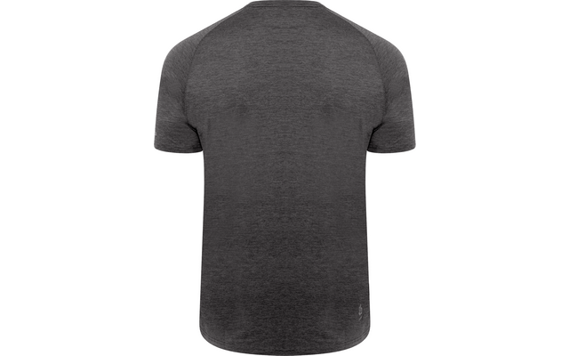 Vue arrière d'un T-shirt gris foncé à manches courtes, texture chinée et petit logo clair en bas à droite