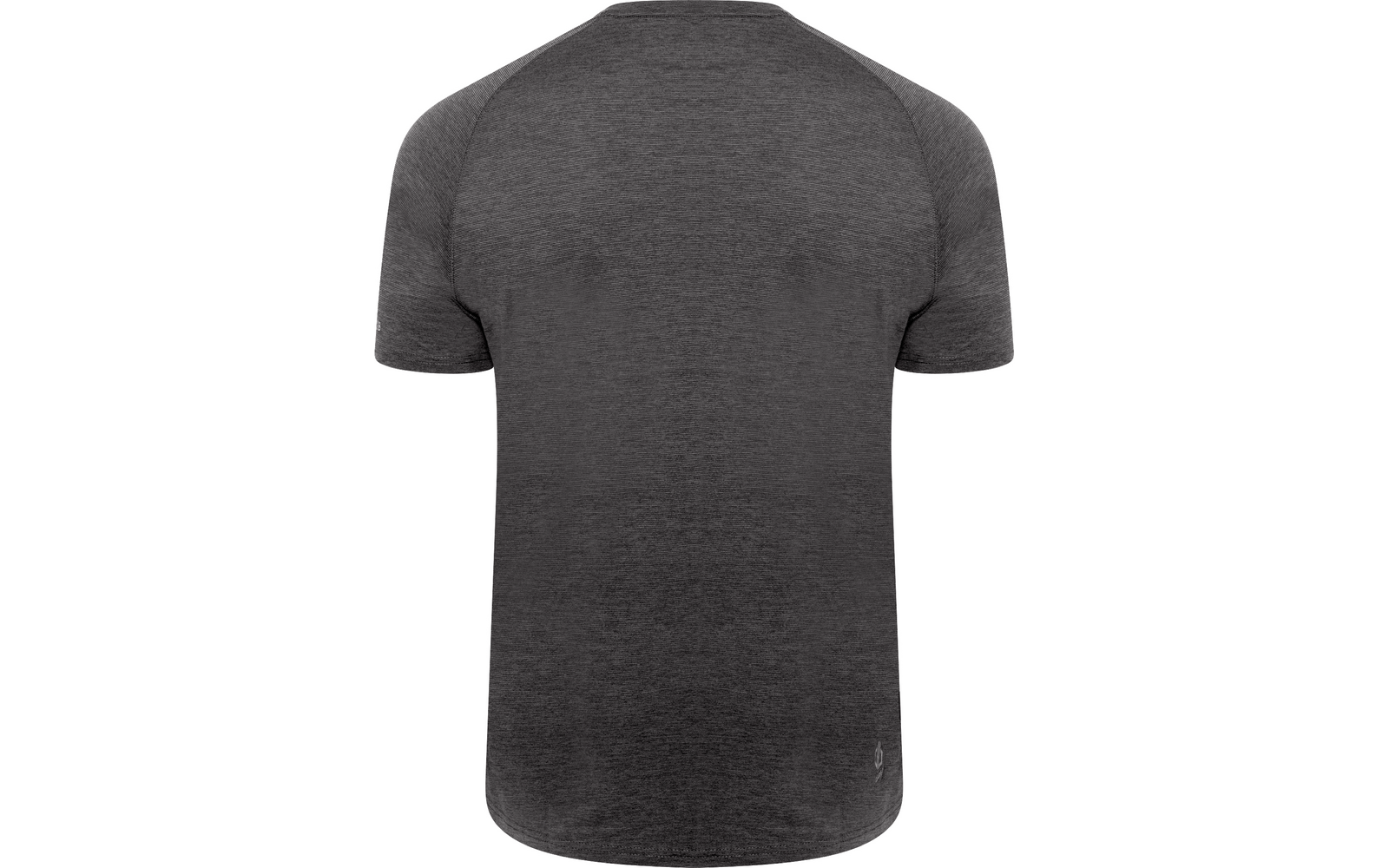 Vue arrière d'un T-shirt gris foncé à manches courtes, texture chinée et petit logo clair en bas à droite