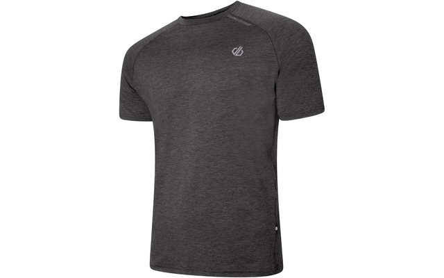 T-shirt gris foncé à manches courtes et col rond, petit logo blanc sur la poitrine gauche