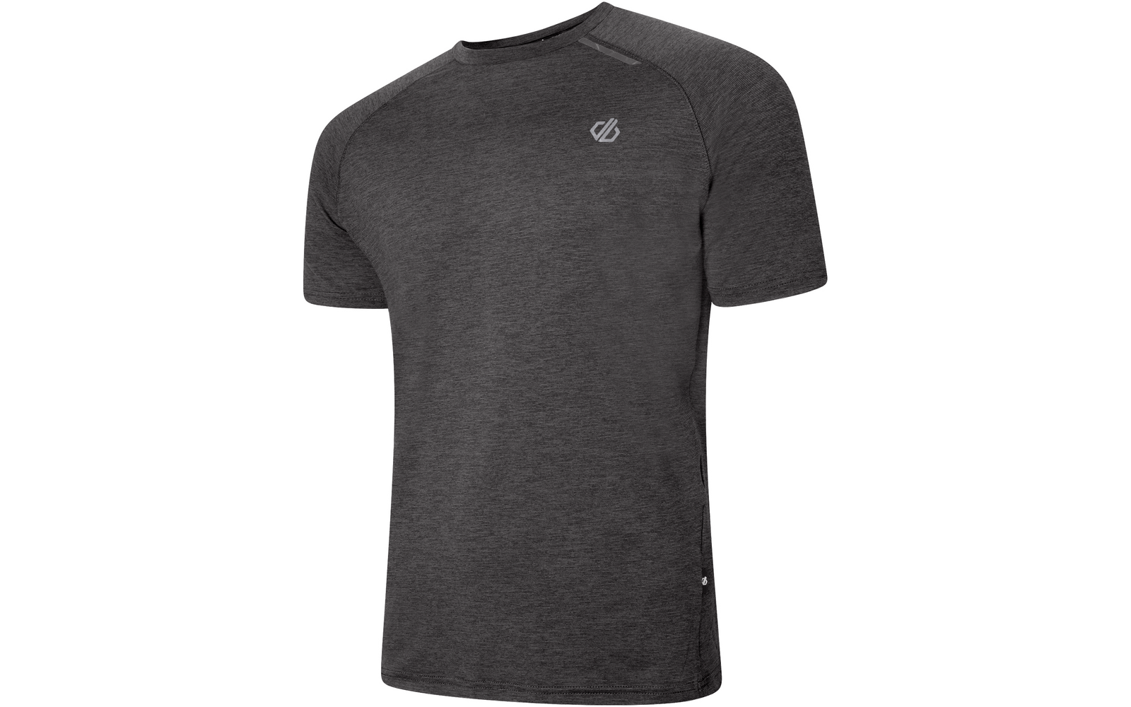 Dunkelgraues Kurzarm-T-Shirt mit Rundhalsausschnitt und kleinem weißen Logo auf der linken Brust