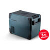 Blue portable cooler box with black lid and ventilation slots