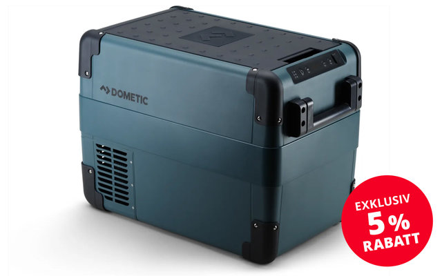 Blue portable cooler box with black lid and ventilation slots
