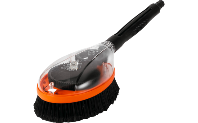 Schwarze Bürste mit schwarzem Griff, ovaler Bürstenkopf mit schwarzem Borstenkranz, transparente Kunststoffabdeckung mit sichtbaren Zahnrädern und orangem Rand