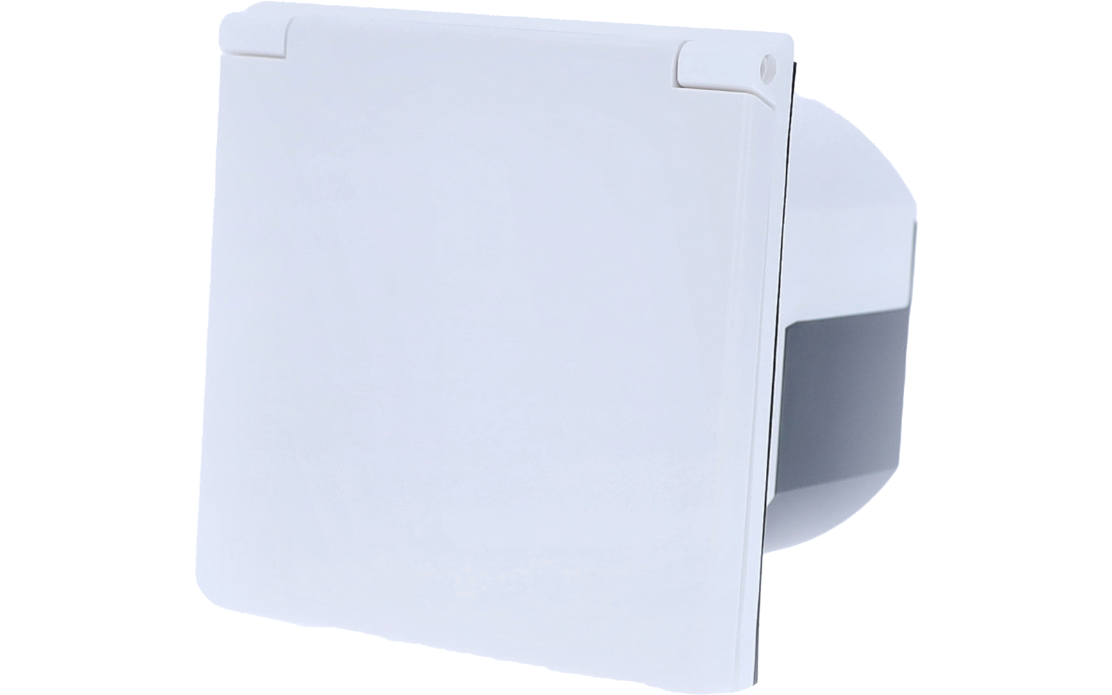 Weißes quadratisches Kunststoffgehäuse mit scharnierklappe und abgerundetem Rückteil