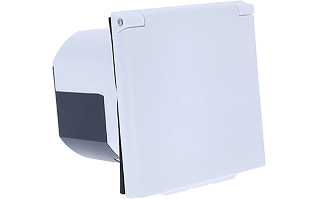 Weiße quadratische Abdeckung mit klappbarem Deckel und dunkelgrauem Gehäuse dahinter