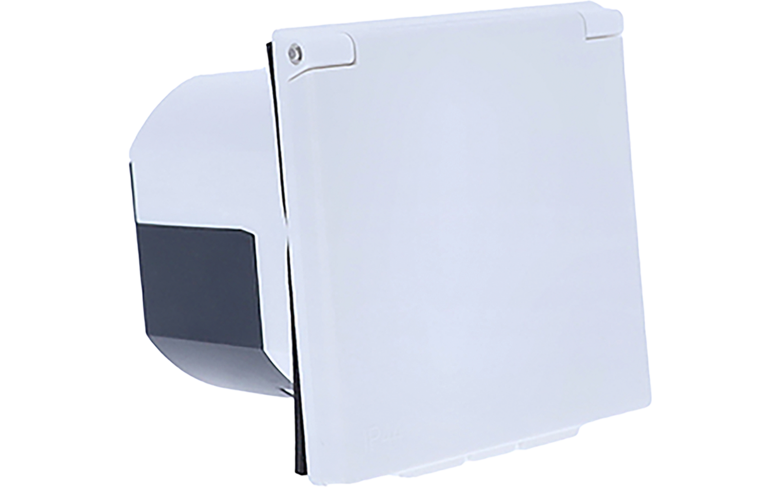 Weiße quadratische Abdeckung mit klappbarem Deckel und dunkelgrauem Gehäuse dahinter