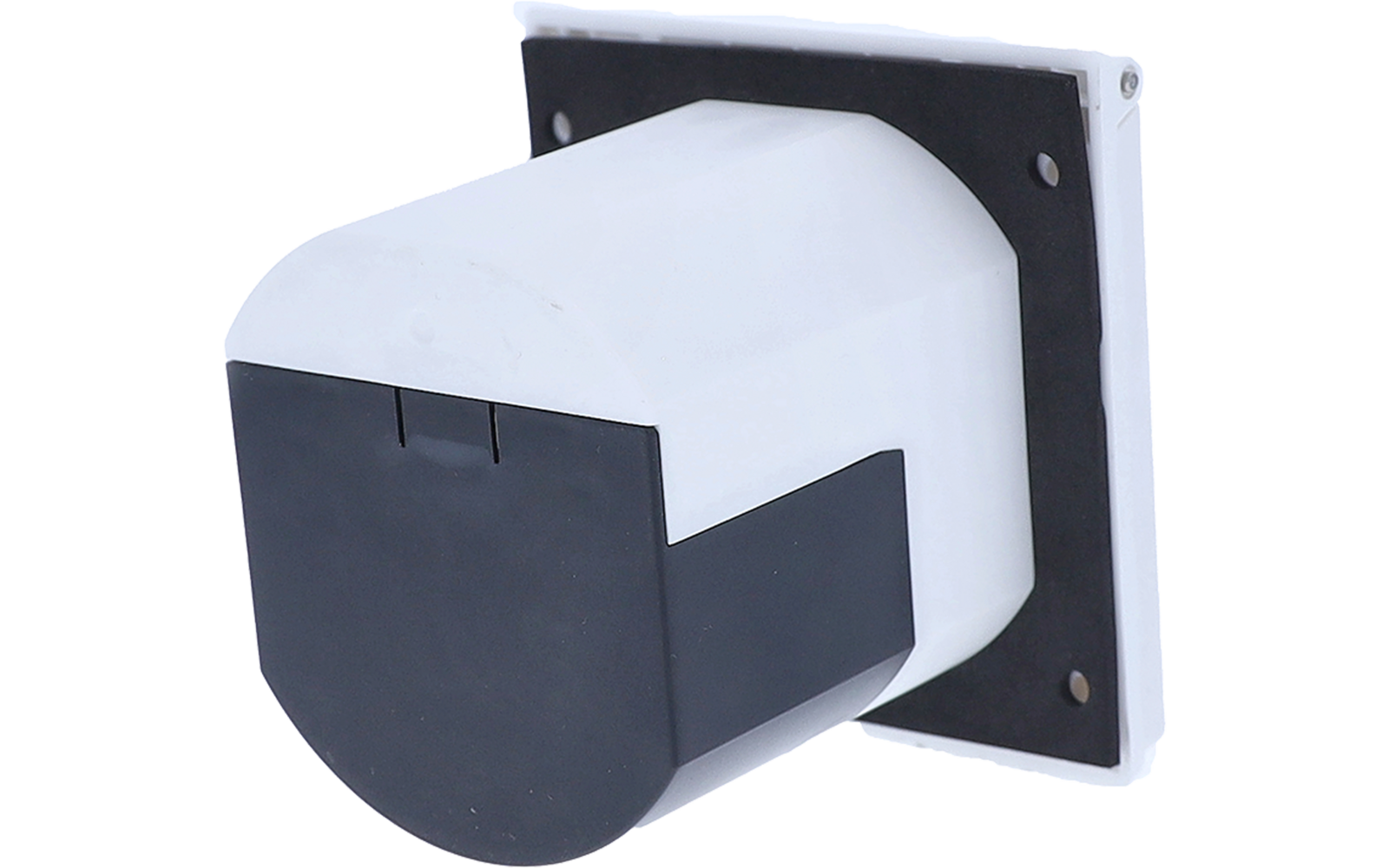 Weißes rechteckiges Kunststoffgehäuse mit schwarzer, halbrunder Vorderseite, montiert auf einer quadratischen Grundplatte mit vier Schrauben