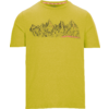 Hellgrünes T‑Shirt mit kurzen Ärmeln und Rundhals, schwarze Bergsilhouette als Brustdruck, kleiner rosa Akzent rechts