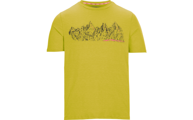 Hellgrünes T‑Shirt mit kurzen Ärmeln und Rundhals, schwarze Bergsilhouette als Brustdruck, kleiner rosa Akzent rechts