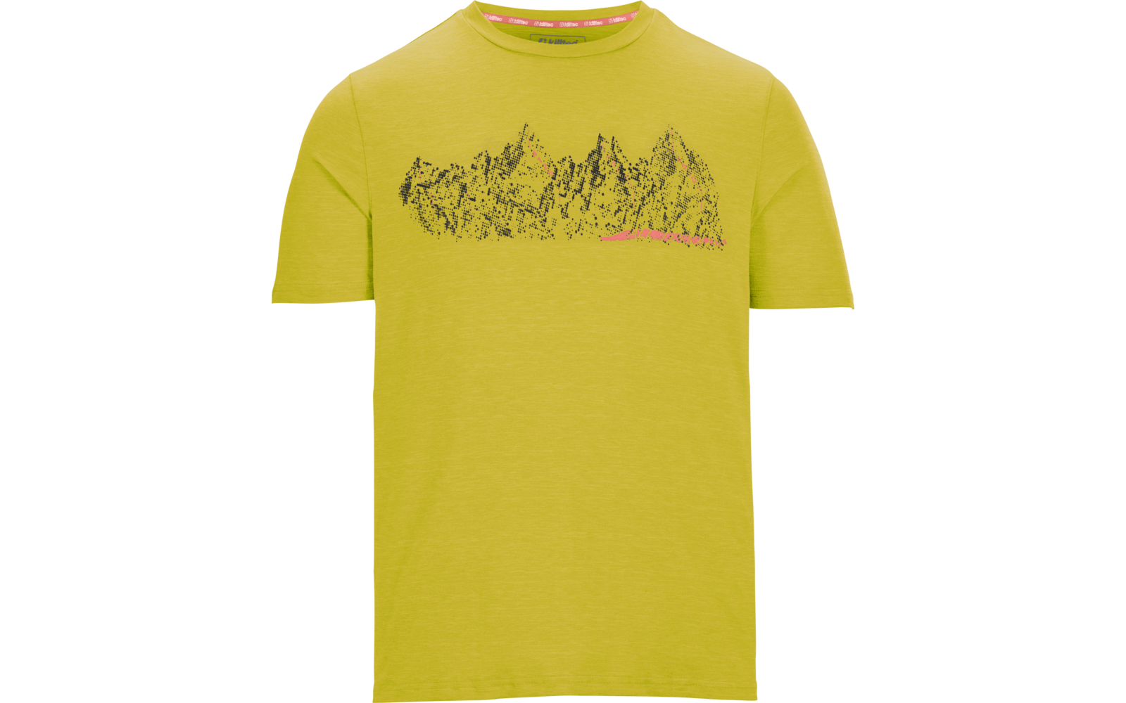 Hellgrünes T‑Shirt mit kurzen Ärmeln und Rundhals, schwarze Bergsilhouette als Brustdruck, kleiner rosa Akzent rechts