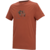 Orangenbraunes kurzärmliges T‑Shirt mit rundem Halsausschnitt, kleine mehrfarbige Grafik mittig auf der Brust mit kleinem Text darunter, kleines Logo auf dem linken Ärmel