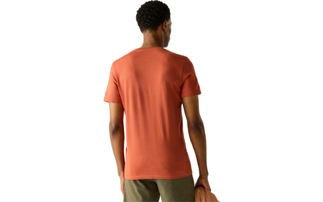 Rückansicht einer Person mit kurzem dunklem Haar, orangefarbenem T‑Shirt, olivgrünen Hosen und einer orangefarbenen Tasche in der rechten Hand