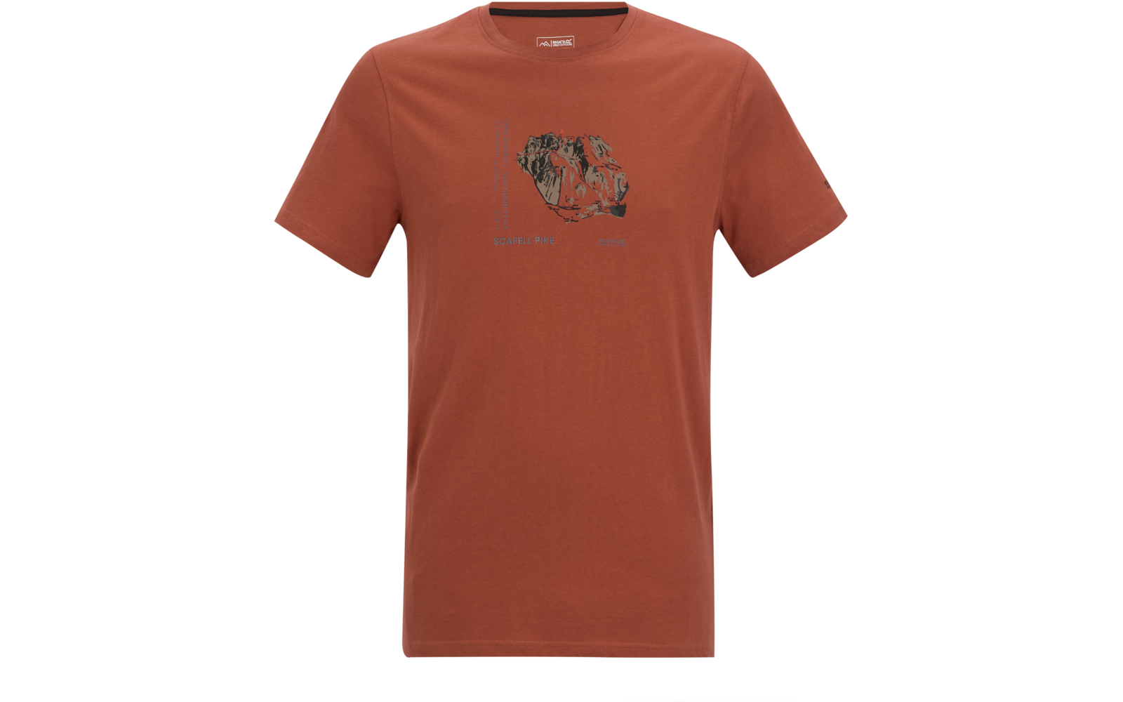 Terrakottafarbenes T-Shirt, kurzärmelig mit Rundhalsausschnitt; mittig auf der Brust ein kleines abstraktes Motiv in dunkleren Braun- und Grautönen mit kleinem Text darunter