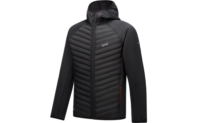 Schwarze Kapuzenjacke mit gesteppter, paneelierter Vorderseite, durchgehendem Reißverschluss, langen glatten Ärmeln, seitlichen Reißverschlusstaschen und kleinem Logo auf der Brust