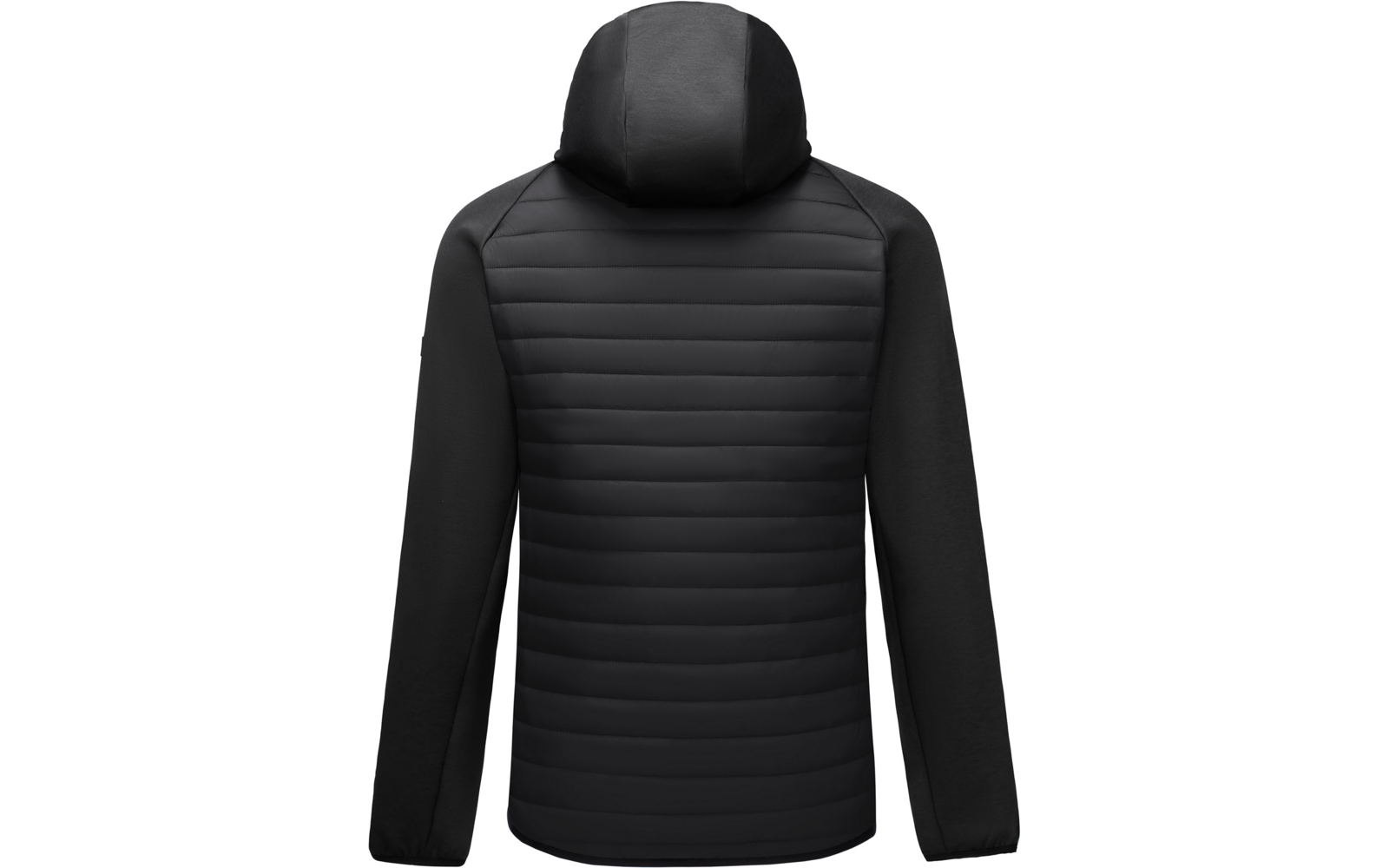 Schwarze Kapuzenjacke, Rückansicht, gestepptes Rückenpanel mit horizontalen Nähten, glatte Ärmel und Kapuze
